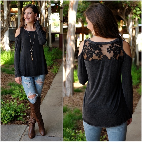 ✨LAST 1✨Charcoal Vintage Wash Lace Back Top - Picture 2 of 2